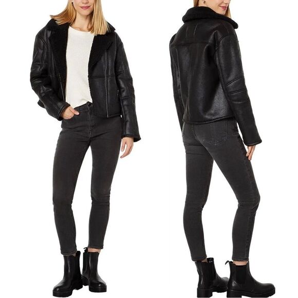 Moussy Leather Suede Faux Shearling Zip Black Biker Moto Jacket Sz M - Picture 6 of 6